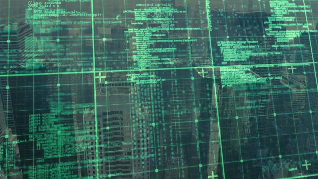 Opening green grid and sliding code over blurred skyline with plus cursors highlighting sections