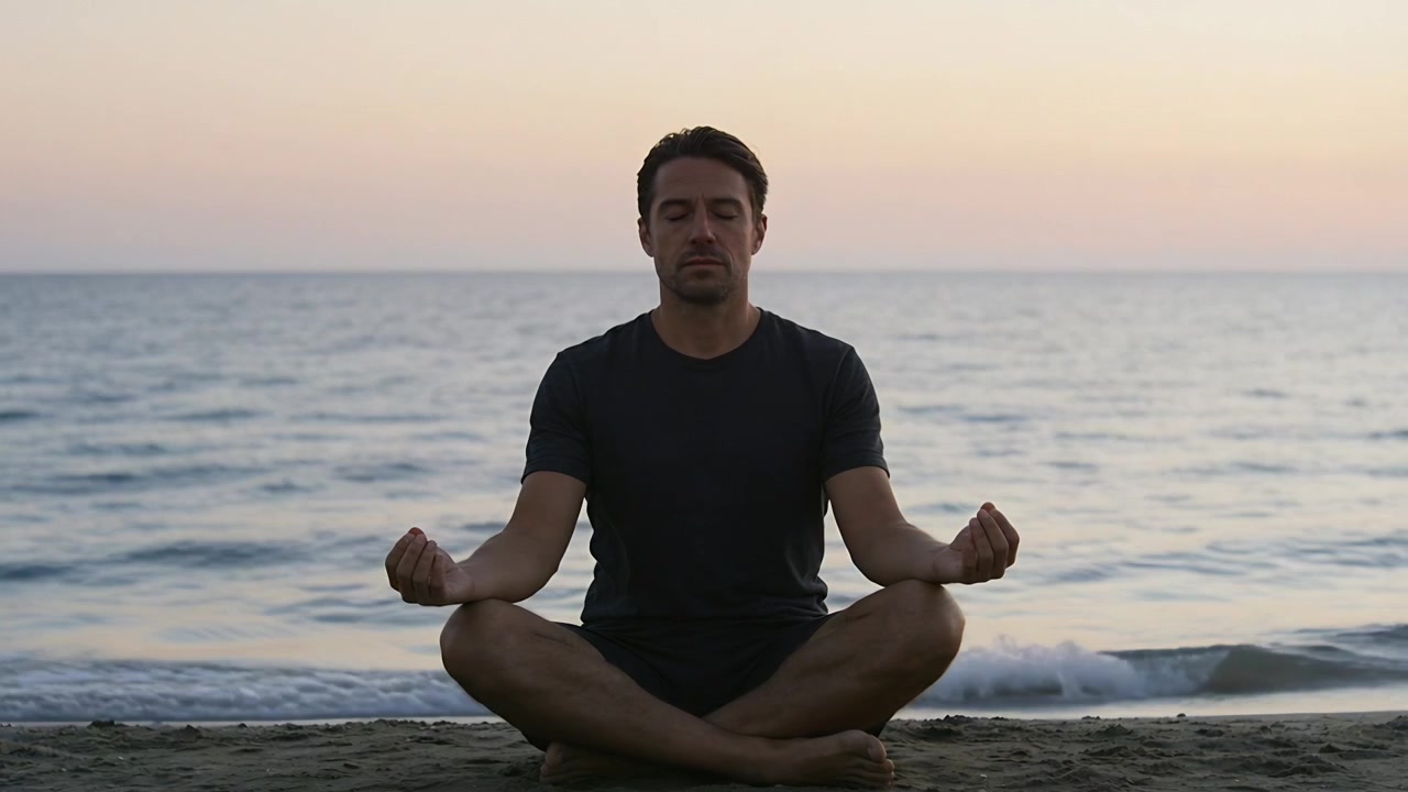 Meditating man wearing dark shirt and shorts breathing, hands on knees at sandy beach, gentle waves