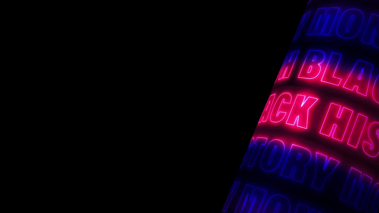 Black History Month 3D Tube text Blue Red LED neon fluorescent light animation with on Black Background with copy space. 4K 3D rendering seamless loop for Black History Mont cinematic title intro.