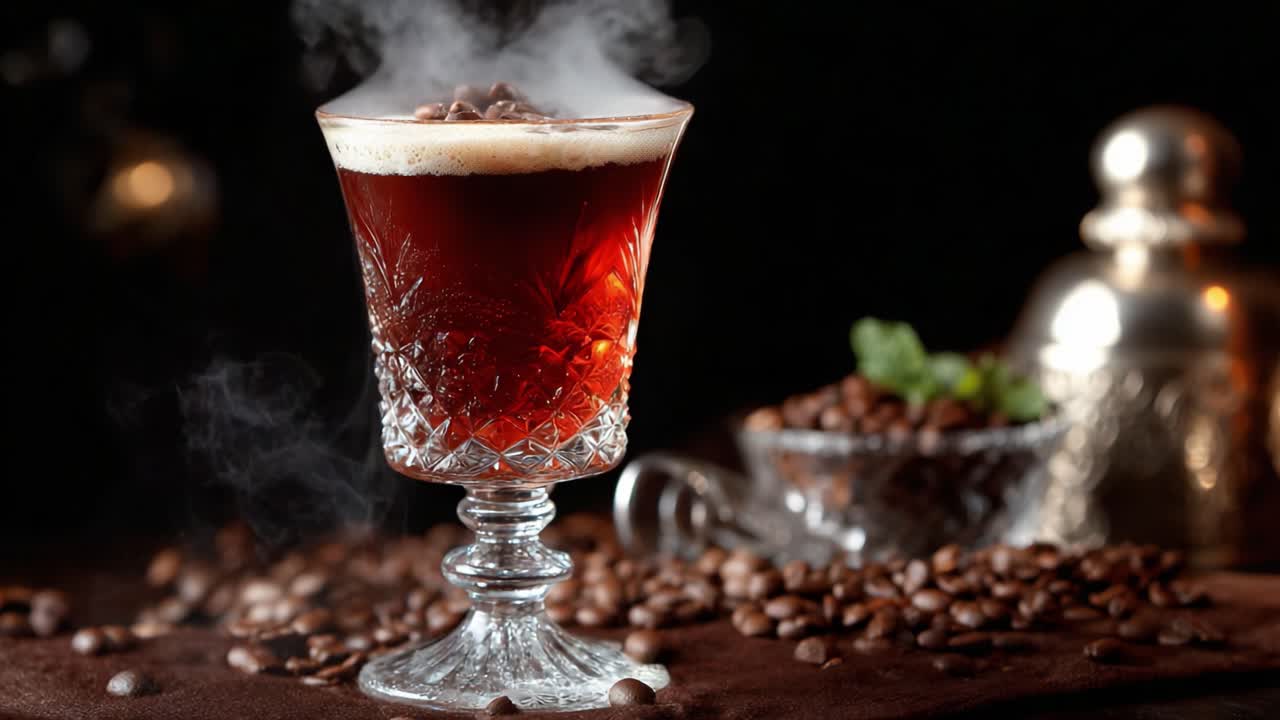 Aromatic Coffee Delight: A Captivating Glass of Coffee with Steam and Coffee Beans on Brown Fabric Background, Perfect for Gourmet Drink Enthusiasts