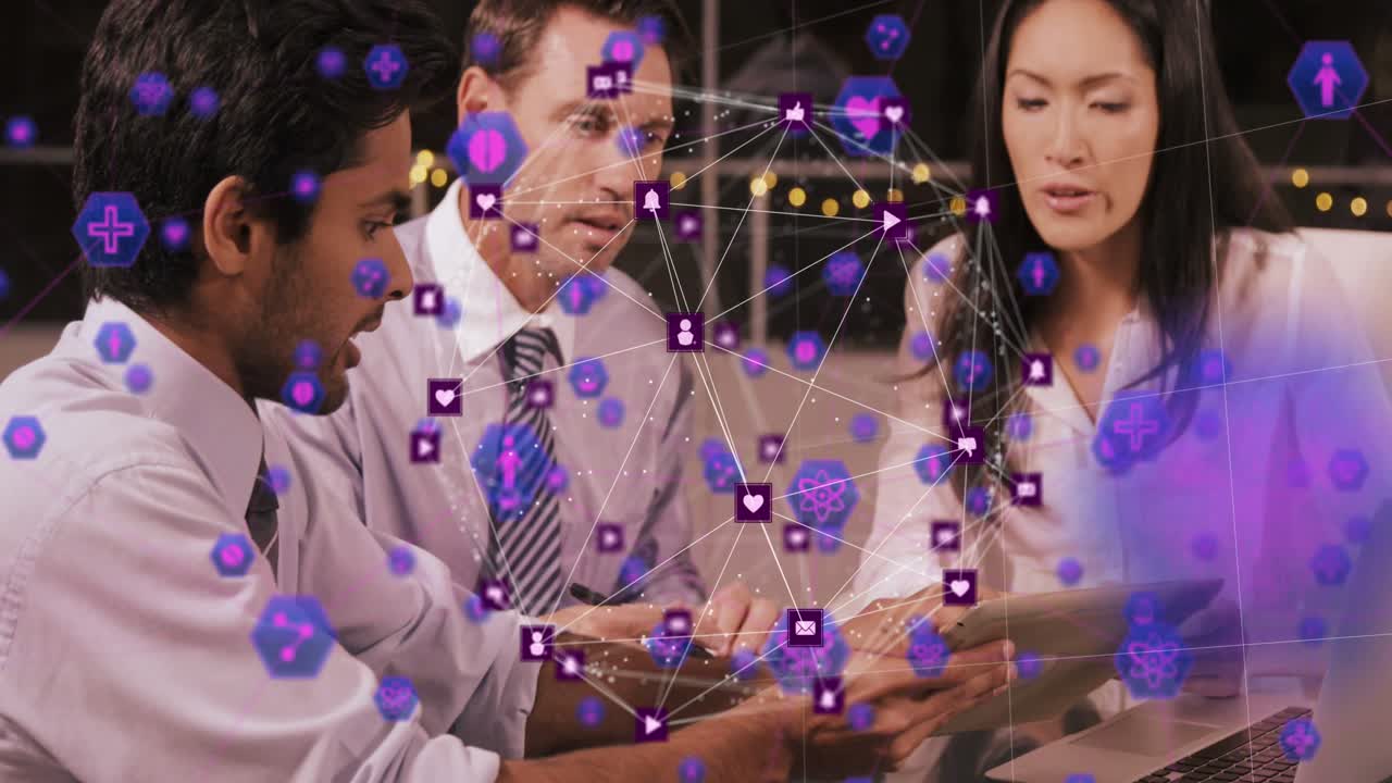 Animation of network of connections with icons over diverse businesspeople in office