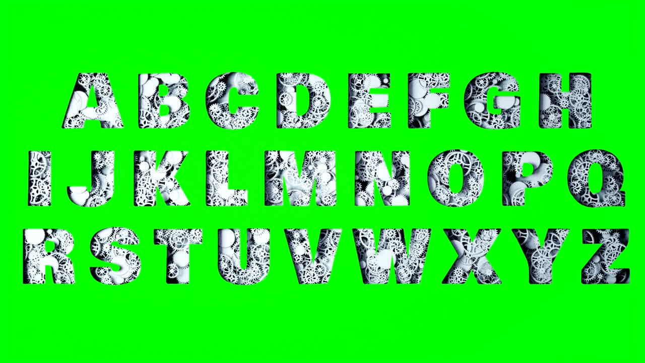 Alphabet from gears. Realistic 4k flat animation.