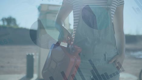 animación del procesamiento de datos financieros sobre la mujer en la gasolinera