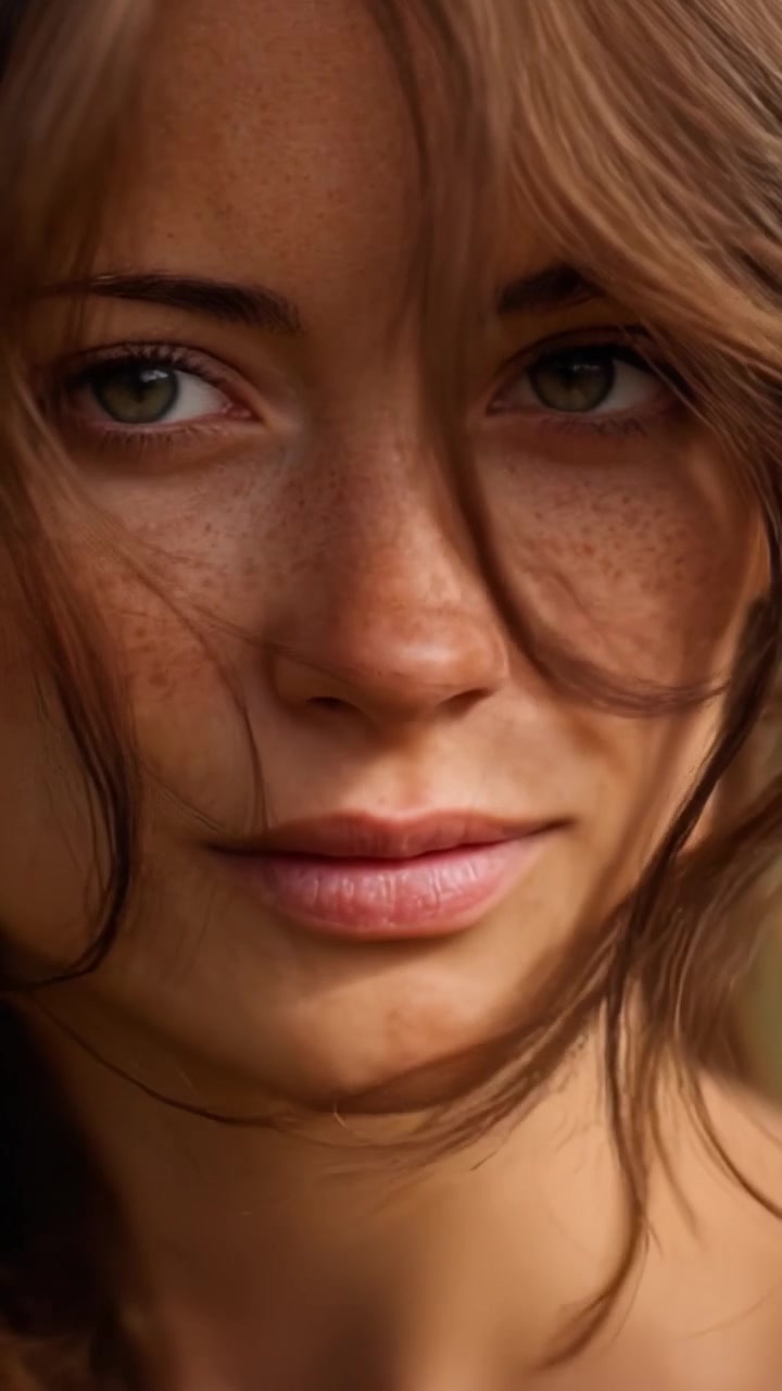 Affascinante ritratto di una giovane donna con belle lentiggini e capelli fluenti, che evidenzia la bellezza naturale in un'ambientazione con luce soffusa.