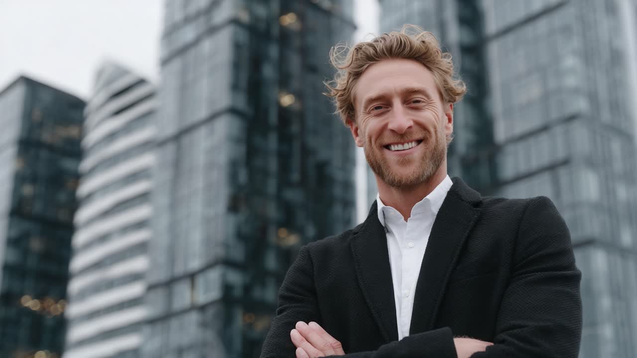 Confident business professional smiles warmly against a backdrop of modern skyscrapers, embodying success and accomplishment in a dynamic urban environment
