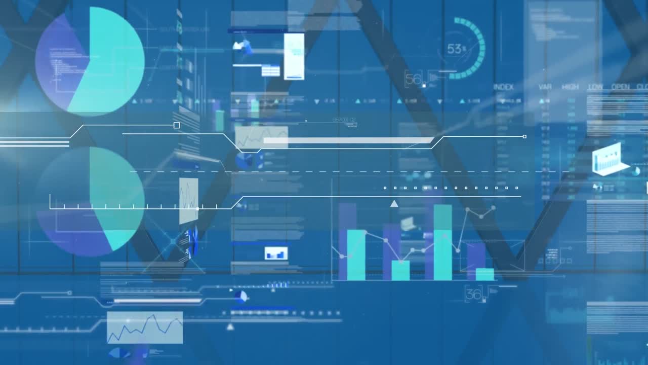 Animation of financial data processing and shapes on blue background