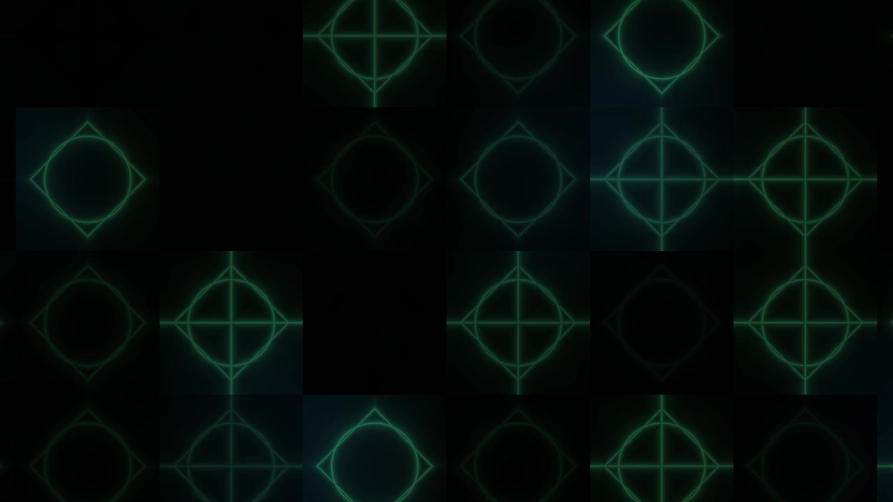 Futuristic Green Neon Geometric Shapes Pulsing on a Dark Grid