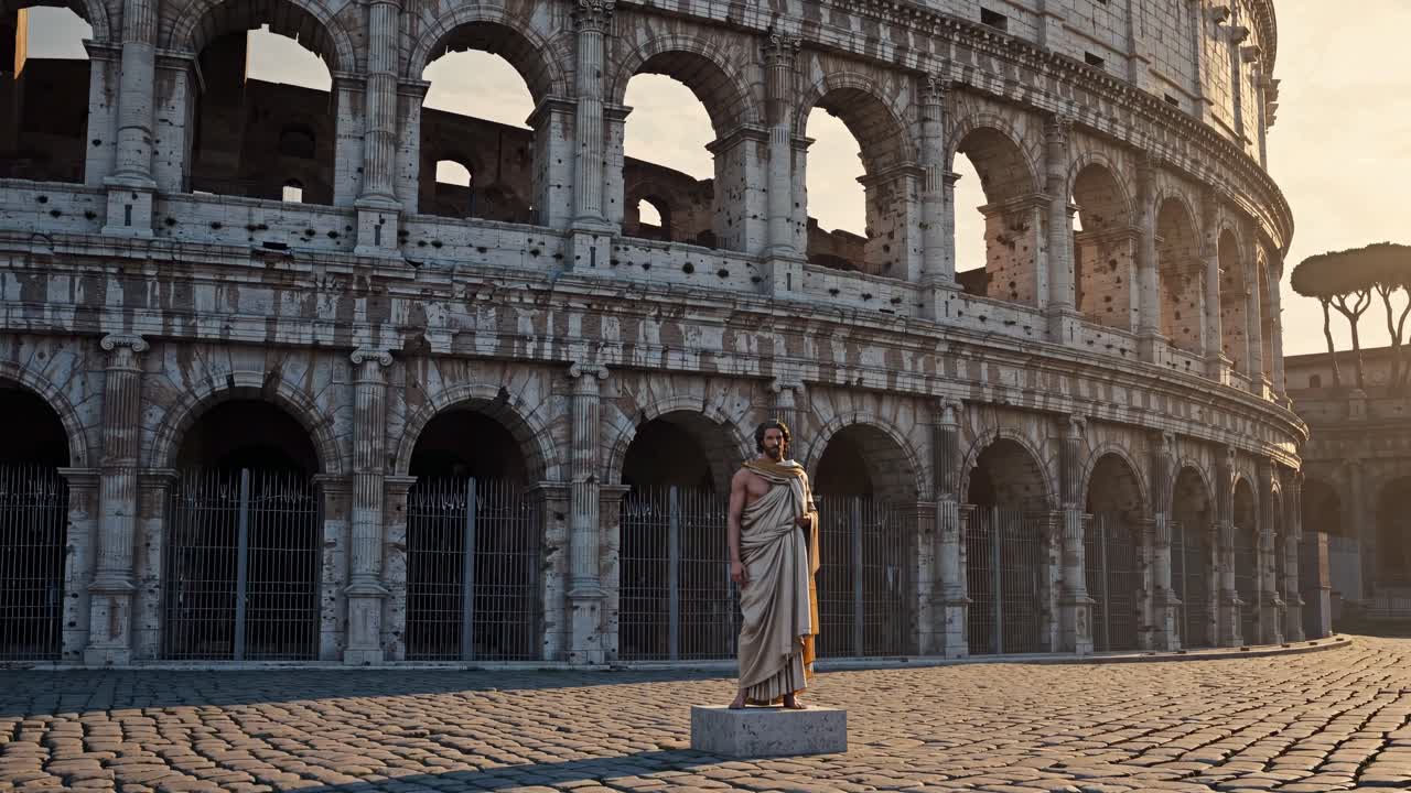 Scena video epica di un uomo barbuto in abiti antichi, ripresa da un'angolazione bassa contro imponenti.