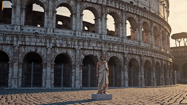Epic video scene of a bearded man in ancient attire, captured from a low angle against towering