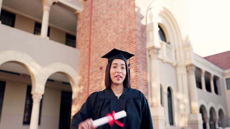 Laureata, volto e donna con pergamena di diploma.