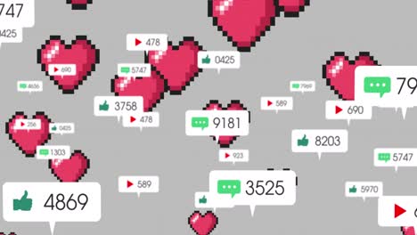 animación de los medios y los iconos de corazón en fondo gris
