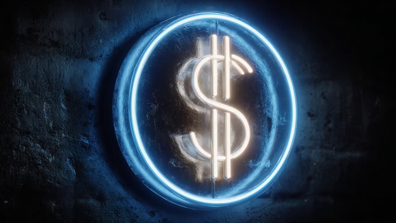 Illuminated Dollar Sign: A Neon Symbol of Wealth and Finance Captured in Stunning Detail Under Dim Lighting