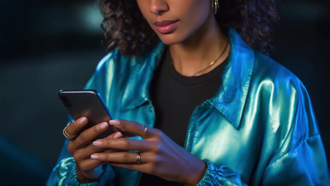 Una donna elegante con capelli ricci, vestita con una giacca lucida color verde acqua, è concentrata sullo schermo del suo smartphone, suggerendo un coinvolgimento con la tecnologia e la comunicazione moderna