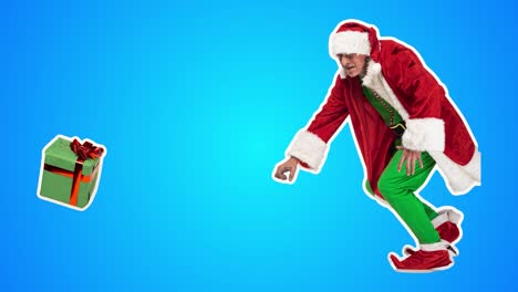 happy christmas, new year. stop motion design, art animation. angry smiling man stealing gifts as bad santa claus. funny, modern, conceptual, contemporary bright 4k artcollage. party time concept