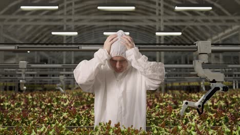 asian man researcher having a headache while standing in the greenhouse with smart robotic farmers