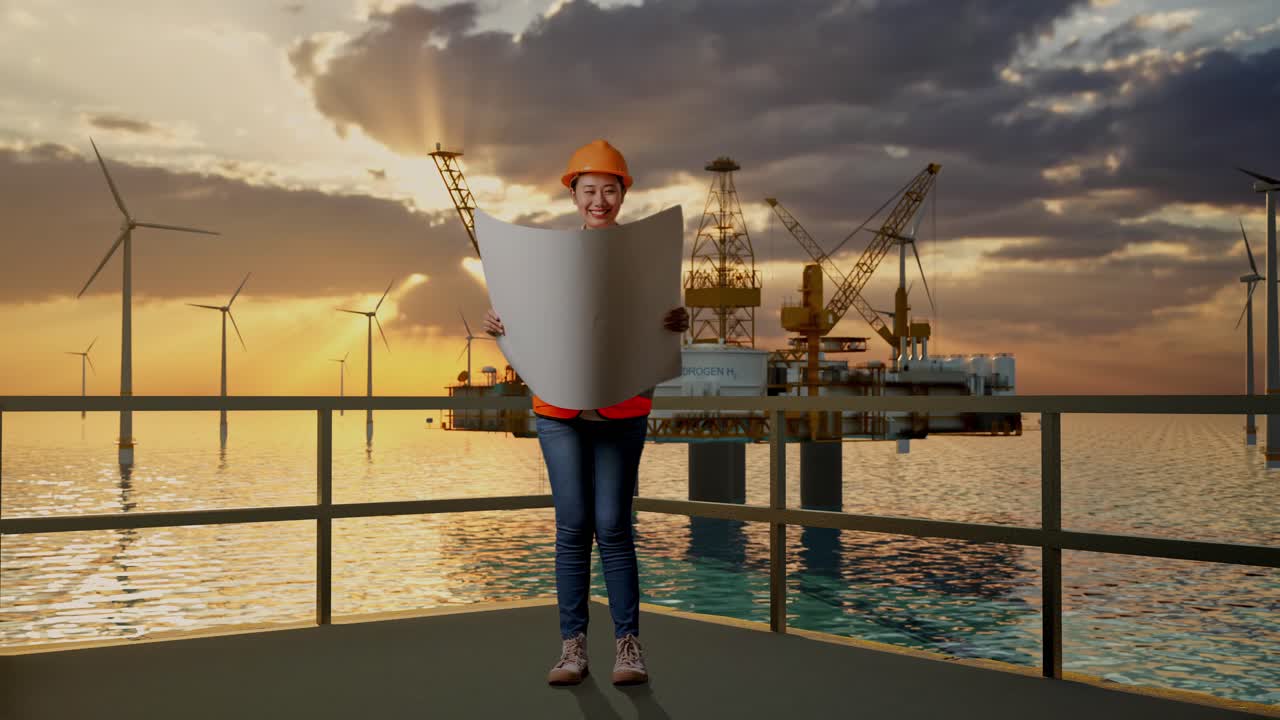 ingeniero marítimo revisando los planes al atardecer.