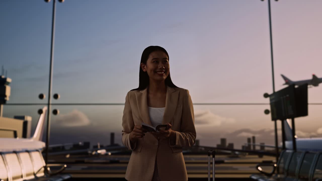 mujer de negocios asiática con maleta rodante en la sala de embarque en el aeropuerto, esperando el vuelo mira el pasaporte luego mirando a su alrededor, el avión despega fuera de la ventana