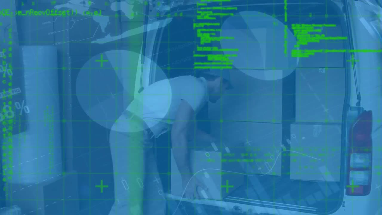 Statistical data processing against caucasian delivery man stacking delivery boxes in his van