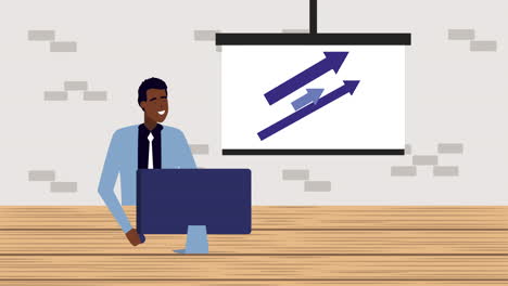 hombre de negocios afro usando computadora en la oficina animación