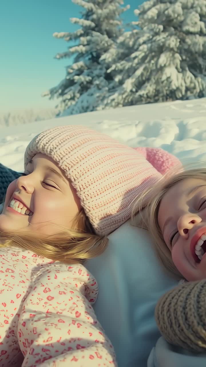 Vertical video: Panning camera capturing sibling girls lying in snow, wearing beanies while playing