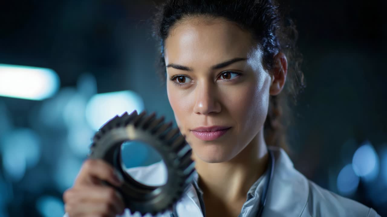 A focused scientist examines a mechanical gear with precision and curiosity, demonstrating a blend of technical expertise and a passion for engineering in a modern laboratory environment