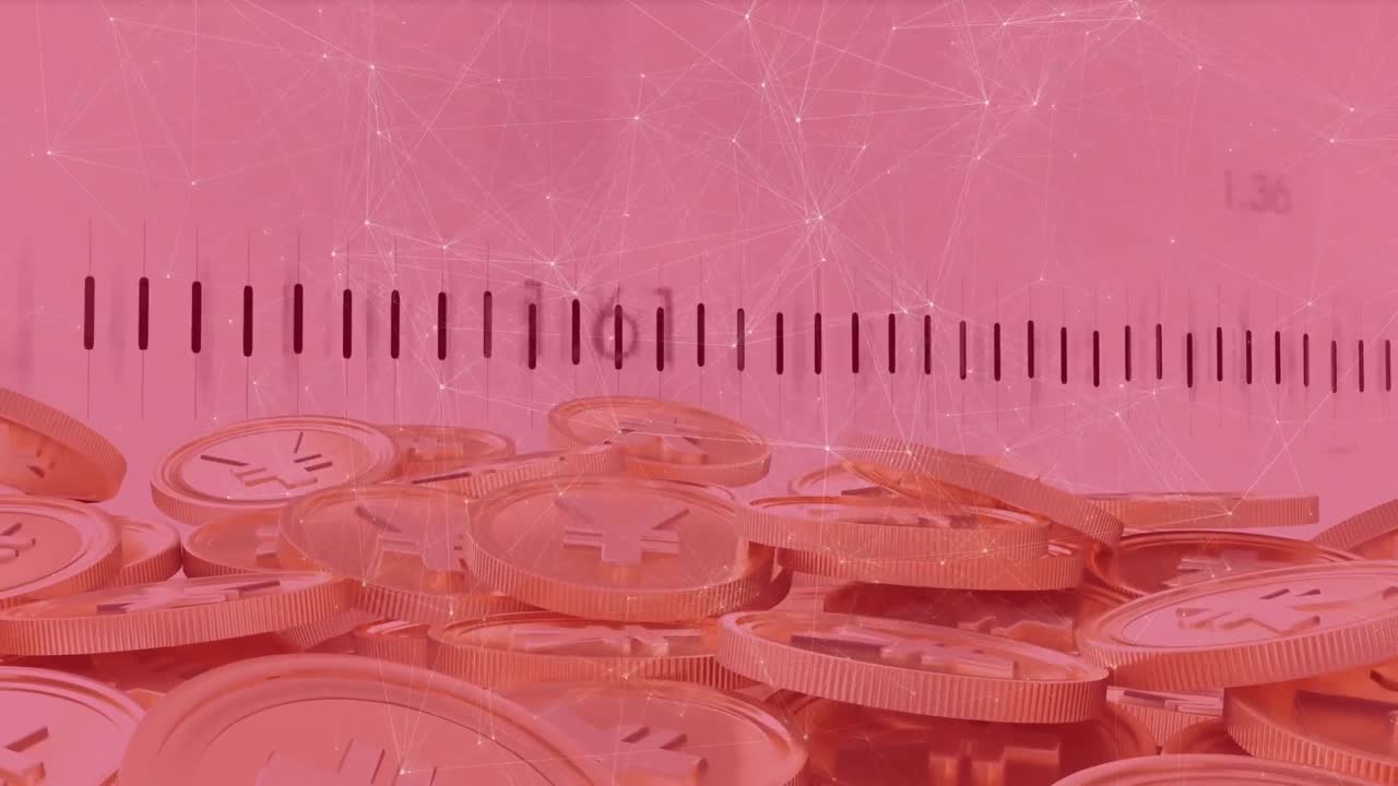 금융 데이터 처리의 애니메이션과 엔 기호를 가진 동전에 대한 연결의 tenwork