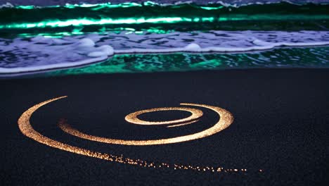 golden spiral on a dark beach at sunset