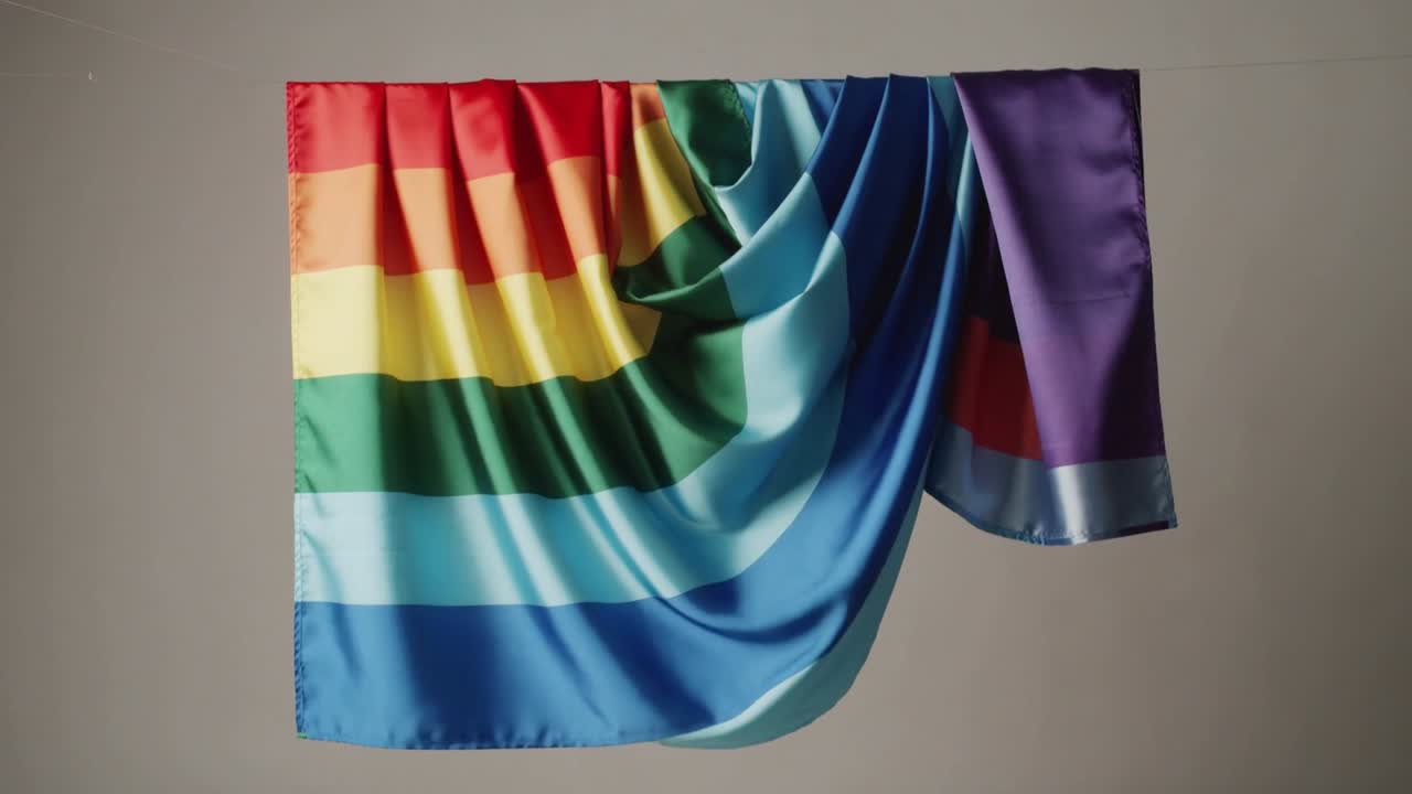 Cucitura che si distende, bandiera arcobaleno di raso che si increspa verso il basso a destra con il bordo che oscilla e si assesta in studio.