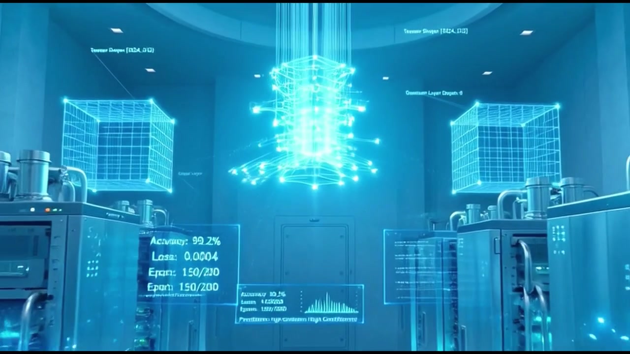 Futuristic Data Center with Glowing Neural Network Visualization