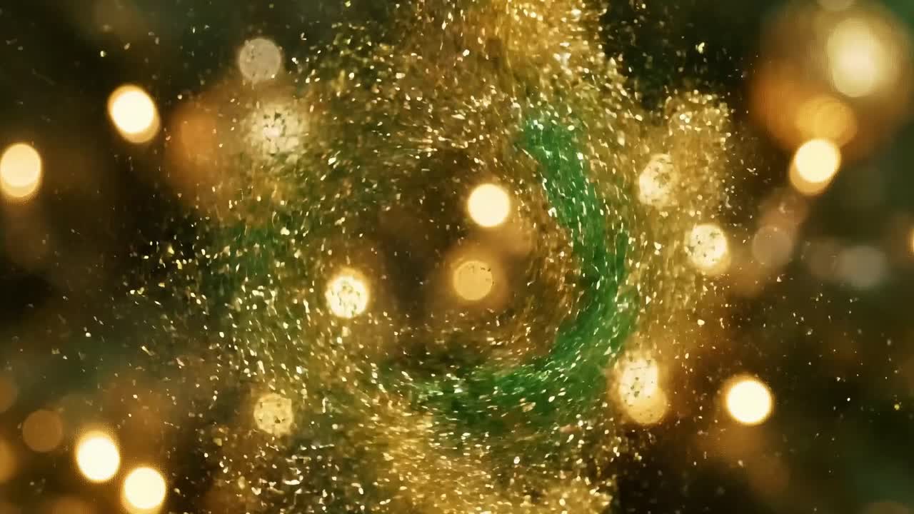 Close-up video of swirling green and gold glitter particles, creating a magical effect