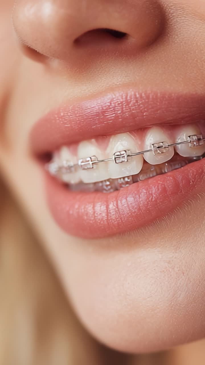 A Close-Up View of a Young Woman's Smile Highlighting Her Braces, Showcasing Dental Health and Aesthetic Appeal in Two Distinct Frames