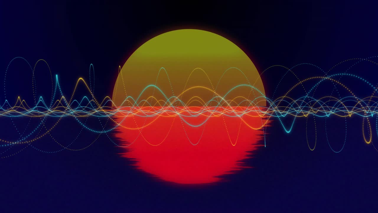 Yellow-orange sun appearing above shimmering lines, vibrant waves oscillating to illustrate sunset