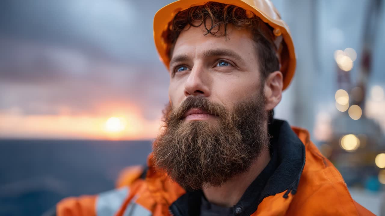 En eftertænksom medarbejder kigger mod solnedgangen og udviser fokus og beslutsomhed, mens vedkommende bærer en sikkerhedshjelm og en orange jakke mod en dramatisk himmelbaggrund