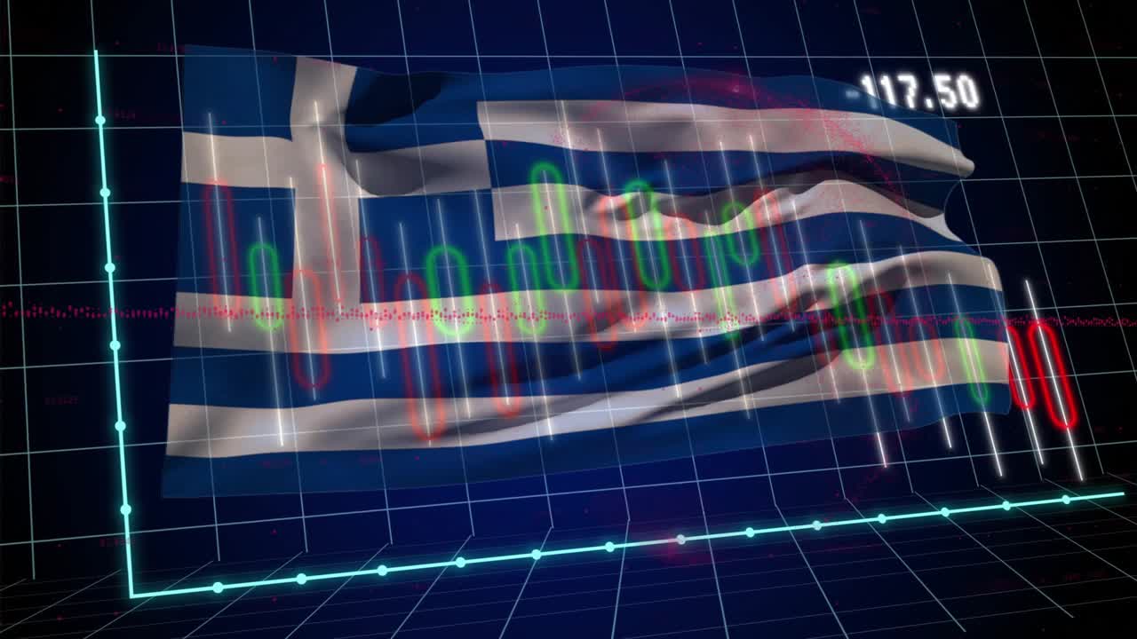 Bandiera greca che sventola su una griglia 3D, causando un crollo numerico e poi un aumento, rappresentando la ripresa del mercato.
