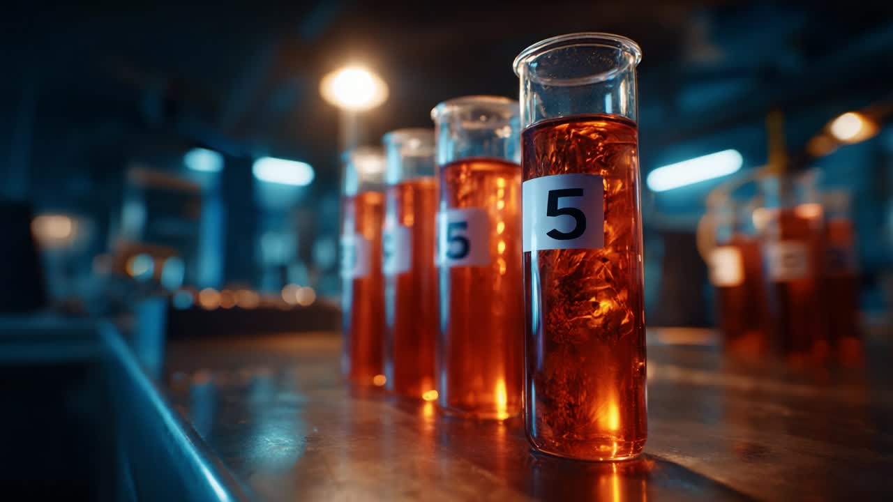 Brightly Colored Liquid Samples in Conical Glass Containers Displayed Under Laboratory Lighting, Featuring Numbered Labels for Clear Identification of Each Test Tube in a Professional Scientific Environment