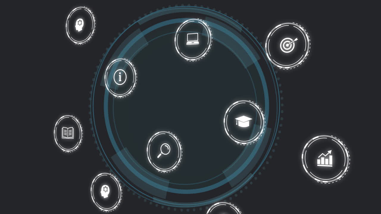 Animation of digital icons floating over circular interface design on dark background