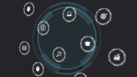 animation of digital icons floating over circular interface design on dark background