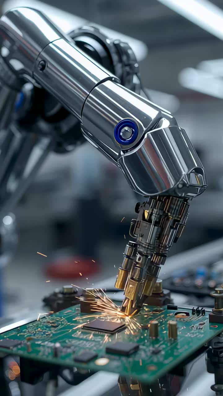 Vertical video: Receiving signal, robotic arm welding circuit board in assembly, with sparks