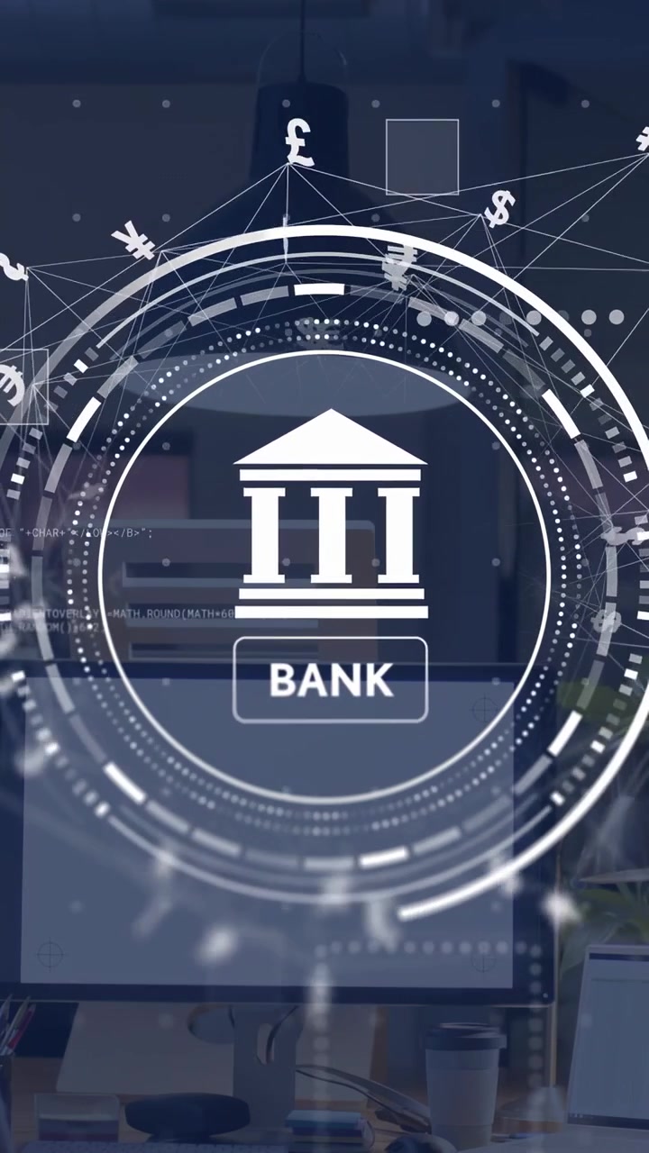 Dikey video: Masa üzerinde açılan banka simgesi HUD, dönen halkalar ve yörüngede dönen parayla finansı gösteriyor.