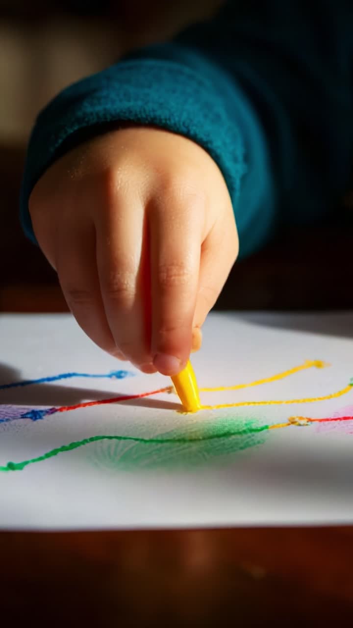 A Child's Creative Expression: A Close-Up of a Little Hand Grasping a Crayon, Bringing Colorful Lines to Life on White Paper as Imagination Flourishes in the Artistic Process of Drawing