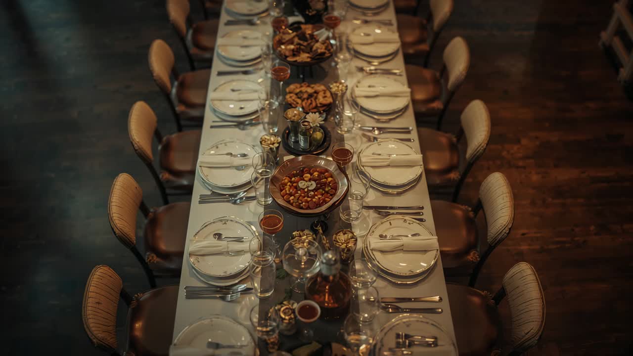 Câmera fazendo dolly, inspecionando uma mesa de jantar retangular e comprida em uma sala de jantar formal, destacando os pratos