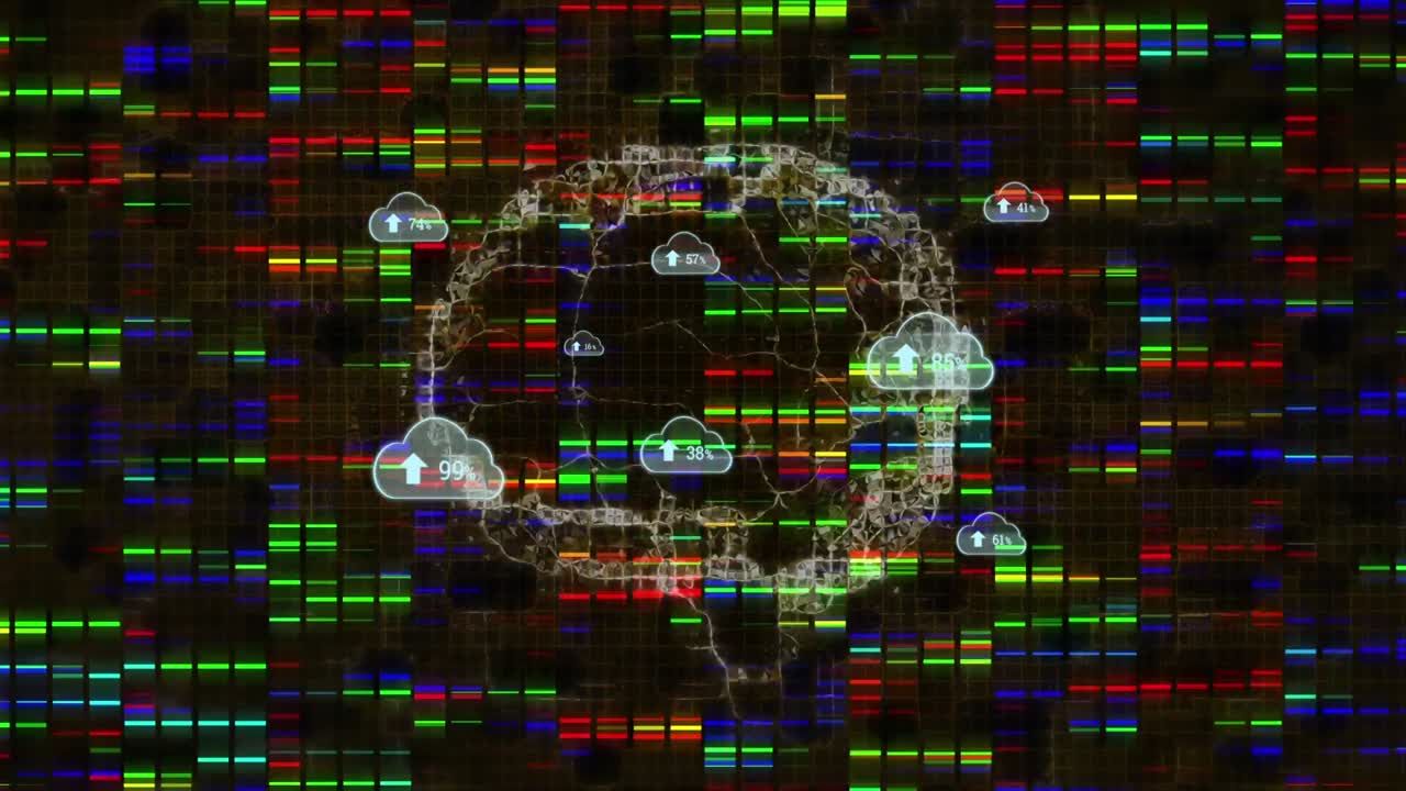 animación de nubes con un número creciente sobre el cerebro digital y columnas móviles