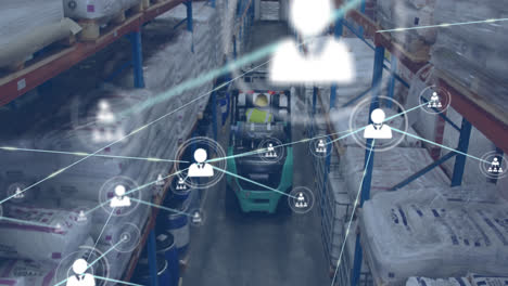 animation of network of profiles over african american male worker operating forklift at warehouse