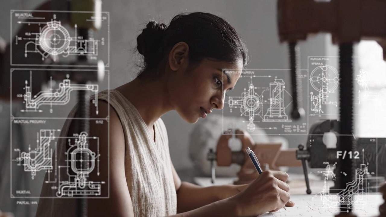 Una giovane donna concentrata che disegna progetti tecnici mentre è seduta a una scrivania, mostrando disegni complessi e concetti di ingegneria in un ambiente di lavoro moderno.