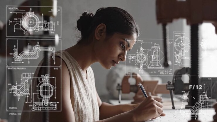 Una giovane donna concentrata che disegna progetti tecnici mentre è seduta a una scrivania, mostrando disegni complessi e concetti di ingegneria in un ambiente di lavoro moderno.