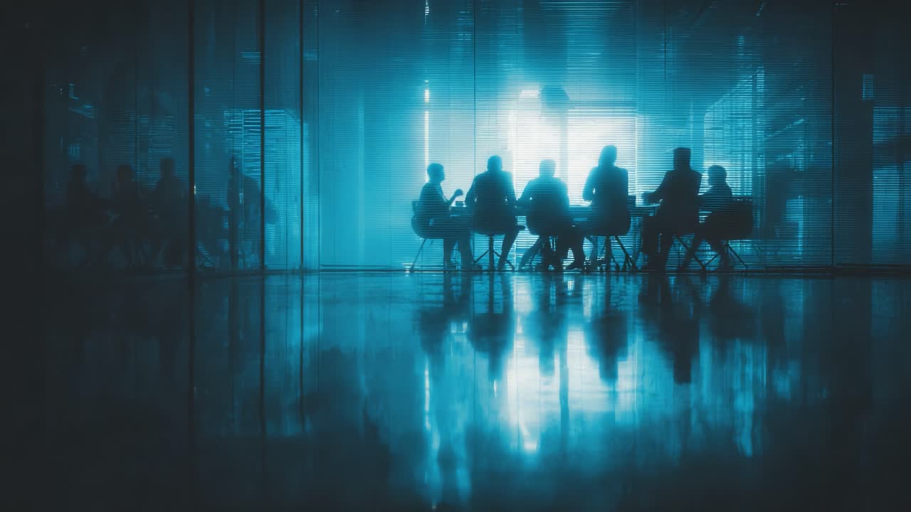 A Mysterious Gathering: Silhouetted Figures in a Dimly Lit Room, Engaged in a Deep Conversation Against a Backdrop of Blue Hues and Reflections