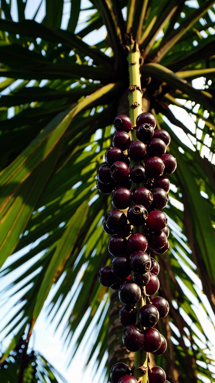 Close-Up of Red and Purple Berries Hanging from a Tropical Palm Tree