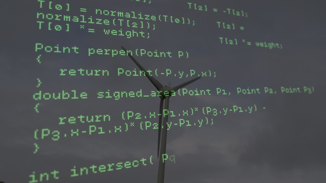 animazione dell'elaborazione dei dati su turbina eolica e cielo con nuvole