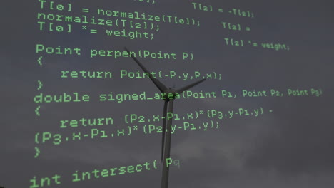 Animation of data processing over wind turbine and sky with clouds