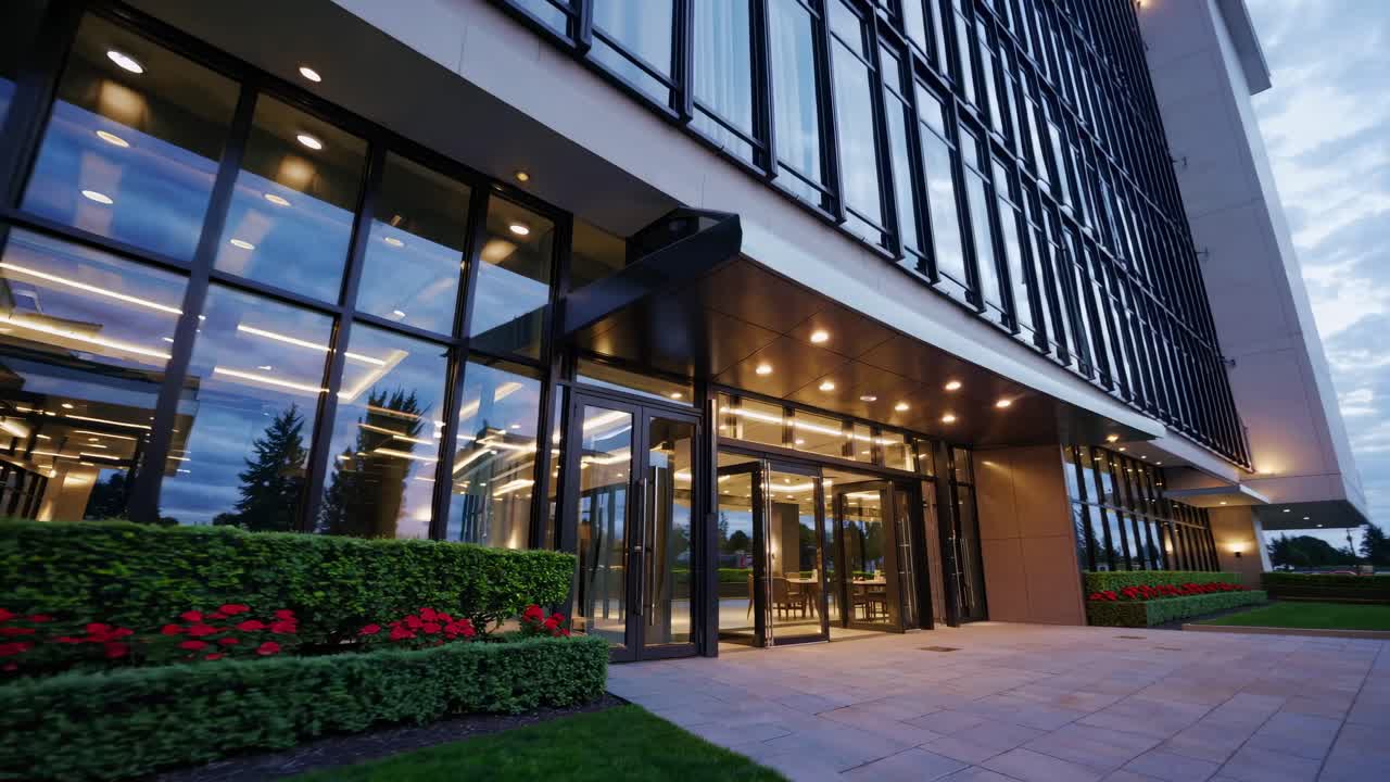 Edificio de oficinas moderno capturado desde un ángulo bajo, mostrando una arquitectura de cristal elegante y vegetación exuberante.